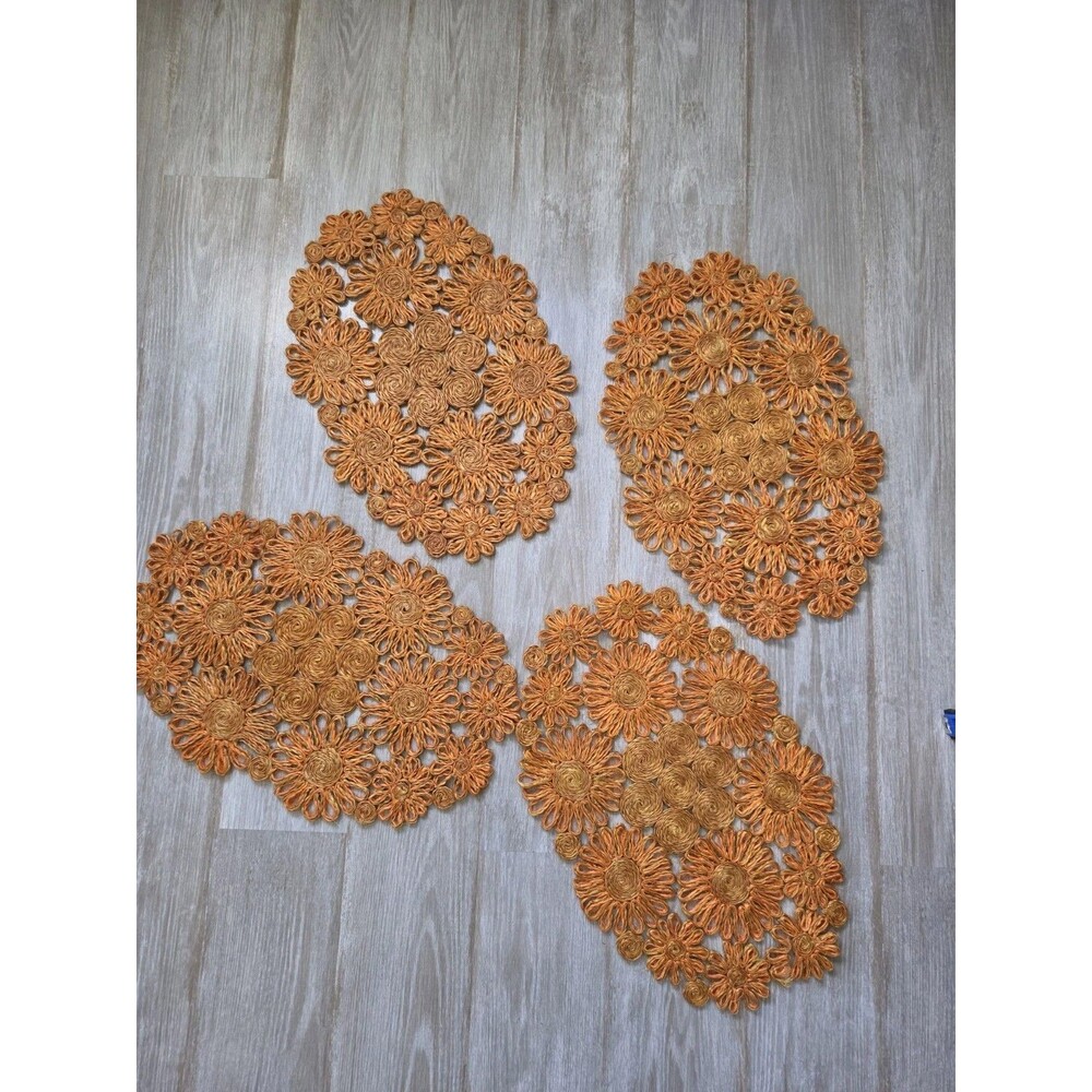 Set of 4 Abaca Fiber Floral Placemats Orange Brown Woven Philippines Boho GUC